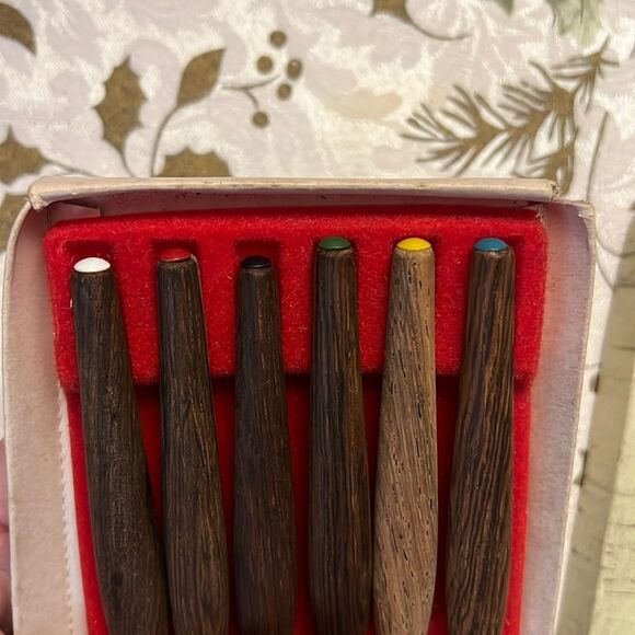 Stainless steel Fondue Forks 2 Prong Wood Handles with colored tip Mid Century - Picture 2 of 2